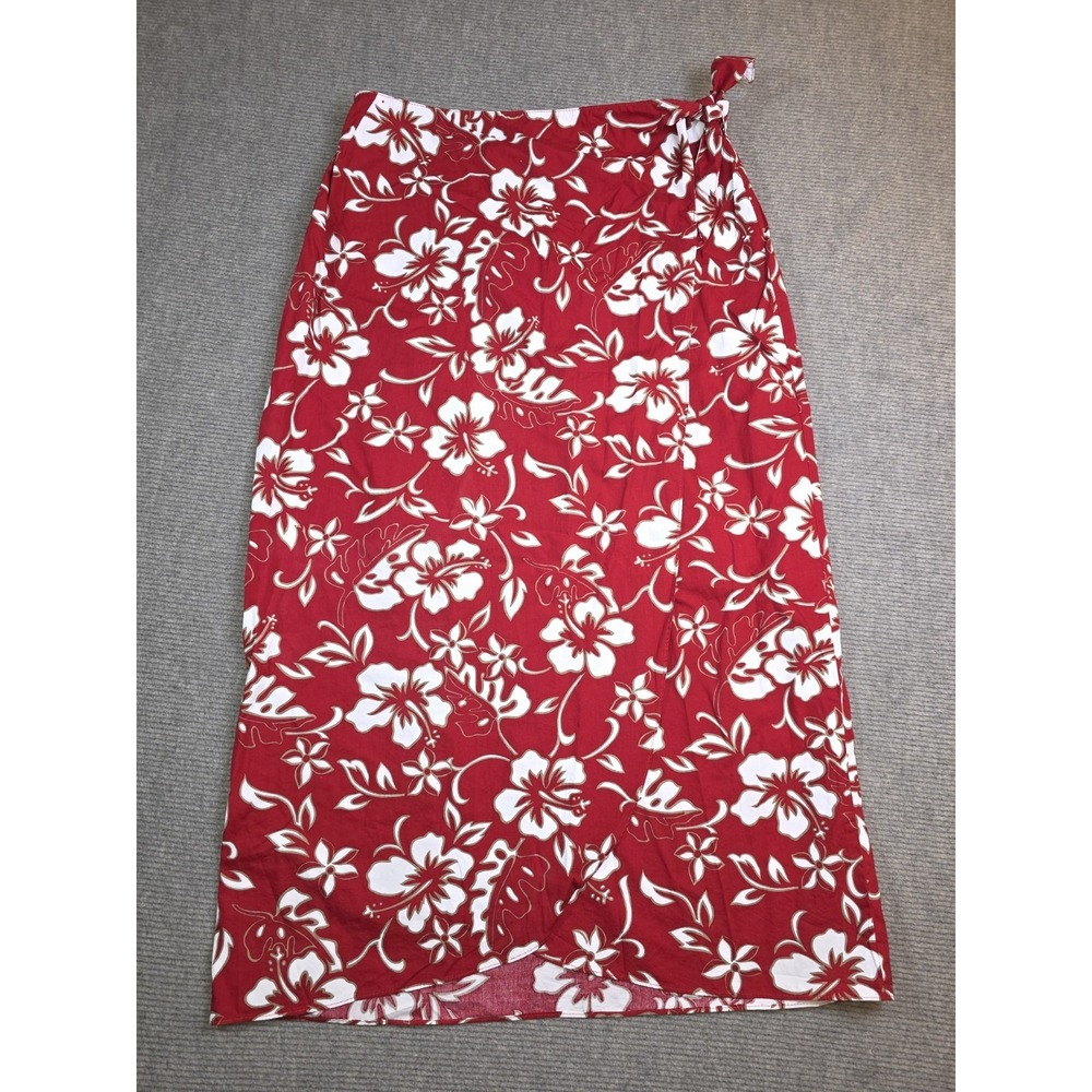 Hilo Hattie Red Hibiscus Wrap Long Skirt Side Tie Closur Size L, Hawaii Tropical